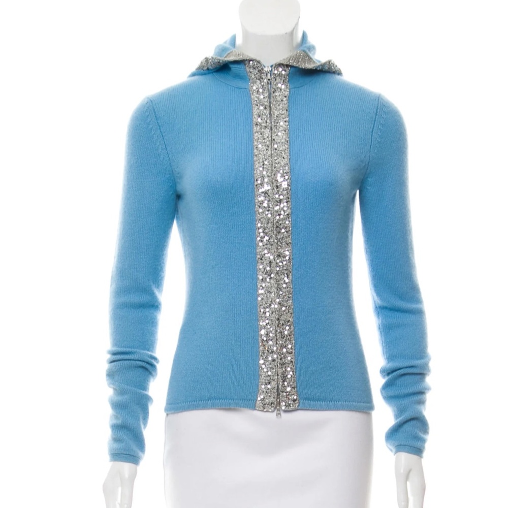 IISLI 100% Cashmere Sky Blue Hoodie with Sequin Detail Sz S Pristine